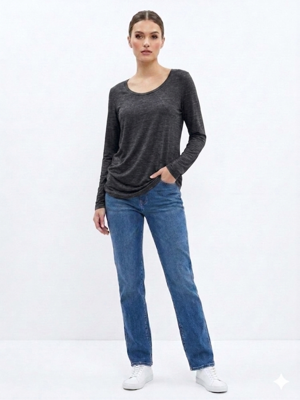 Charcoal Scoop Neck Long Sleeve Top